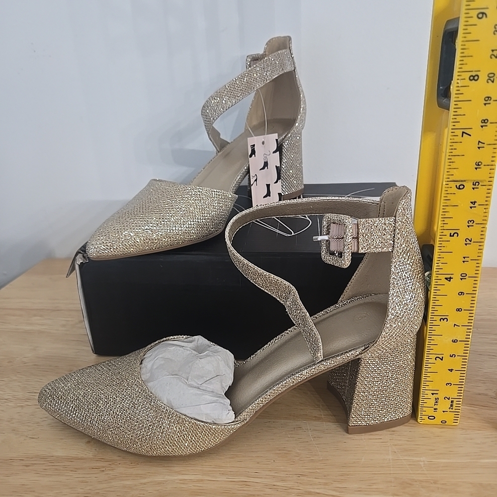 Sparkling Gold Ankle-Strap Block Heel Pumps - Women